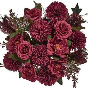 24 Heads Premium Artificial Flowers, Burgundy Silk Flower Peony Bouquets